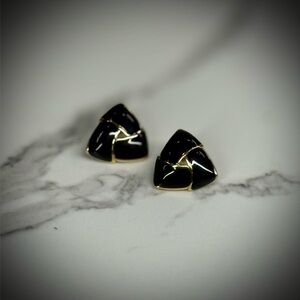 Vintage Monet Black Enamel Gold Tone Triangle Stud Earrings | 1980s Designer